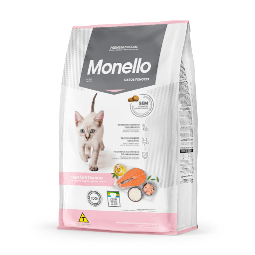 Monello Premium Especial Gatos Filhotes Salmão & Frango - A nova Monello Gatos Filhotes Salmão e Frango é livre de corantes e aromatizantes artificiais. Conservando a sua receita original, ela ganha a adição de farinha e óleo de salmão, ingredientes nobres e de excelência que atuam nas defesas do organismo e proporcionam um desenvolvimento cognitivo saudável para os felinos. Além das proteínas de qualidade, a fórmula possui levedura de cerveja, e MOS - mananoligossacarídeos, prebiótico que atua na saúde intestinal ao garantir a máxima absorção dos nutrientes, gerando um excelente aproveitamento do produto e auxiliando na higiene dos ambientes internos, uma vez que reduz o volume e o odor das fezes. A receita contém adição de taurina, um aminoácido essencial que atua diretamente na saúde da visão e do coração dos gatos, garantindo o crescimento livre de doenças causadas pela falta da substância.