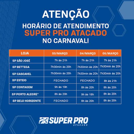 Confira o horário de funcionamento das lojas neste feriado de Carnaval.
 
Aproveite e acesse o nosso site e conheça nossa variedade de produtos! www.superproatacado.com.br
WhtasApp: (41) 3405-2800
 
Siga nossas redes sociais e fique por dentro das nossas novidades!
Facebook: facebook.com/superproatacado
Youtube: youtube.com/@superproatacado4771
TikTok: tiktok.com/@superproatacado
Linkedin: linkedin.com/ superproatacado
 
Blog: https://blog.superproatacado.com.br/
 
É Pro. Vem pra Super Pro. A loja do profissional!👷‍♂️👩‍🏭👨‍🌾