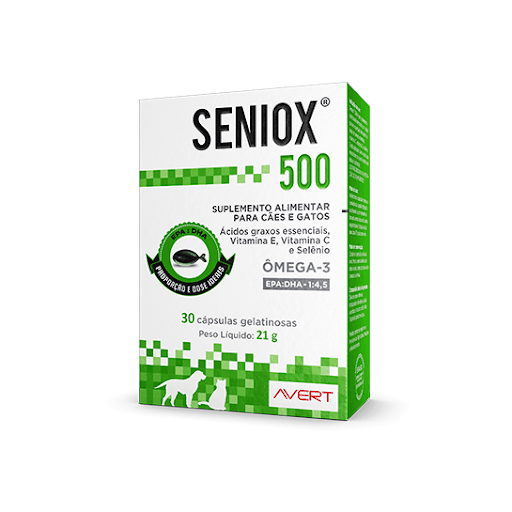 Seniox 500 Mg Cap x 30 - Avert - SENIOX® 500 é um suplemento alimentar composto por ácidos graxos essenciais derivados de óleos de peixes marinhos - Ômega-3 (EPA:DHA - 1:4,5), vitamina C, vitamina E e selênio, com doses ideais e elevada pureza da matéria prima.