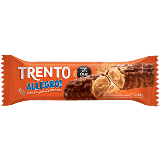 Trento Allegro! Chocolate C/ Amendoim 35G - Wafer coberto com amendoim e chocolate ao leite recheado com pasta de amendoim.