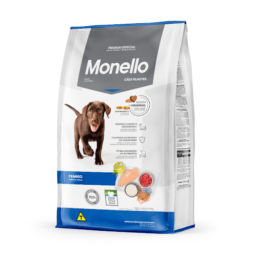 Monello Premium Especial Cães Filhotes Frango 15Kg - A nova Monello Cães Filhotes Frango foi reformulada e passou a apresentar ainda mais benefícios para o desenvolvimento equilibrado e saudável dos peludinhos. Ela conta com a adição do extrato de Yucca schidigera e do MOS - Mananoligossacarídeo, que  atuam diretamente na manutenção da flora intestinal, promovendo maior absorção e, consequentemente, máximo aproveitamento dos nutrientes, minerais e proteínas pelo organismo dos cães filhotes. A fórmula também beneficia as defesas do corpo, aumentando a imunidade e proporcionando um crescimento seguro e cheio de energia. O óleo de salmão, ingrediente nobre que foi incluído no alimento, é rico em substâncias que agem naturalmente no fortalecimento do sistema cognitivo dos pets, viabilizando um crescimento saudável e uma vida mais ativa. A Monello Cães Filhotes Frango ainda conta com nuggets recheados, o que torna o momento da refeição mais saboroso.