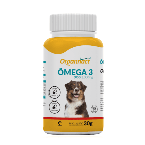 Omega 3 Dog 1000mg 30g - Organnact - Pode ser oferecido como suplemento alimentar para cães de todas as idades, saudáveis ou em tratamento de doenças. Fonte de EPA e DHA (principais componentes do Ômega 3). Uso contínuo. Sem efeitos colaterais indesejados.