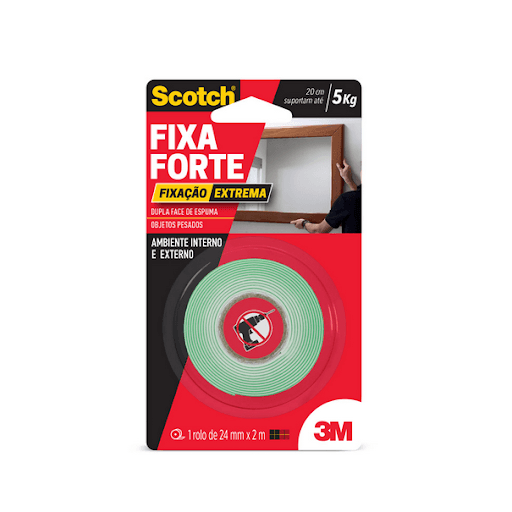 3M - Fita Dupla Face Fixa Forte Extreme 24Mmx2M - Fixação Extrema é a solução mais prática para fixar de forma permanente objetos de decoração pesados, como espelhos, quadros, painéis, lousas, entre outros. Sua aplicação é fácil, evitando furos e sujeira.O adesivo utilizado na fabricação desta fita é de alto desempenho e apresenta extraordinária força de fixação em aplicações de longa duração. A força de adesão e de coesão das fitas da família Fixa Forte são significativamente maiores do que das fitas adesivas convencionais.