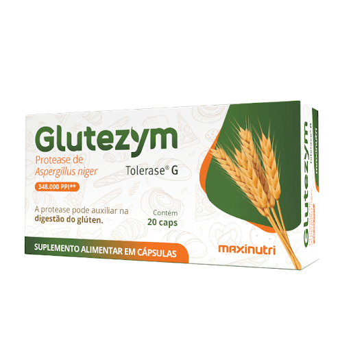 Glutezym (Protease) - cx. c/ 20 cápsulas - Glutezym é um suplemento alimentar em cápsulas de protease de Aspergillus niger. A protease pode auxiliar na digestão do glúten. Sugestão de uso: Ingerir 2 cápsulas ao dia, antes do consumo de alimentos contendo glúten. A dose deve ser ajustada às necessidades individuais de suplementação de protease e ao consumir alimentos contendo glúten.