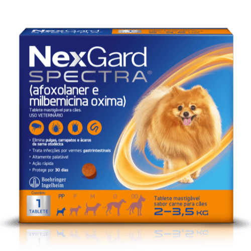 NexGard Spectra Antipulgas e Carrapatos e Vermífugo para Cães de 2 a 3,5kg 1 tablete - NEXGARD SPECTRA® possui cinco faixas de peso, sendo seguro para todas as raças de cães. Se o peso do seu cão for superior a 60 kg, complemente a dosagem com um tablete adicional equivalente ao peso em falta. Mata, trata e controla pulgas e carrapatos, além de ser indicado para o tratamento de infecções por vermes nematódeos gastrintestinais adultos, como ascarídeos (Toxocara canis), ancilostomatídeos (Ancylostoma sp.) e tricurídeos (Trichuris vulpis). Também é indicado para o tratamento e prevenção de infestações por pulgas, carrapatos e sarna otodécica (sarna de ouvido) em cães adultos e filhotes a partir de 8 semanas de idade e peso corporal mínimo de 2,0 kg.