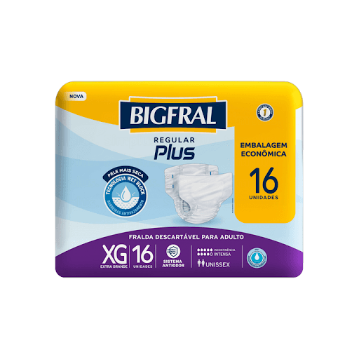 Fralda Plus Xg 16 Unidades - Bigfral - Bigfral Plus foi desenvolvida com tecnologia e qualidade para pessoas que necessitam de cuidados especiais, com incontinência intensa, oferecendo até 10h de proteção máxima.