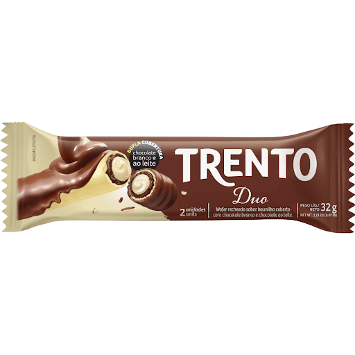 WAFER TRENTO DUO 32g  - Wafer recheado sabor baunilha coberto com chocolate branco e chocolate ao leite.