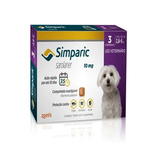 Simparic - Elimina carrapatos, pulgas e sarnas - 10 mg para Cães de 2,6 a 5 kg - 3 Comprimidos - Simparic é um comprimido saboroso que combate carrapatos, pulgas e sarnas em cães. É eficaz, seguro e possui ação rápida.
•	Princípio ativo: Sarolaner
•	Apresentação indicada para cães de 2,6 a 5 kg, à partir de 8 semanas de idade;
•	Ação rápida e sustentada, age em 3 horas com efeito sustentado por 35 dias;
•	Proteção e contra 11 espécies de carrapatos, pulgas e três tipos de sarna (sarcóptica, demodécica e otodécica);
•	Desenvolvido para cães de todas as raças e portes;
•	Diga SIM para Simparic!
Consulte sempre seu médico-veterinário.