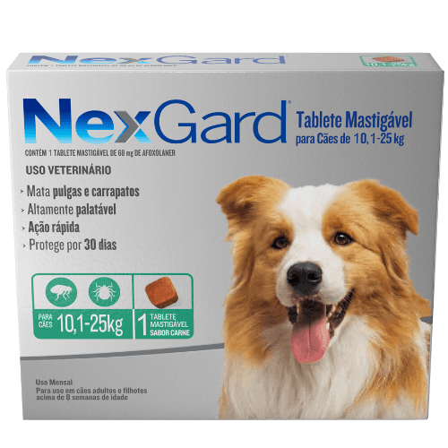 NexGard Antipulgas e Carrapatos para Cachorros de 10,1 a 25kg 1 tablete - NexGard® é um tablete mastigável altamente palatável que seu cão vai adorar. Com um rápido início de ação, ele atinge 100% de eficácia contra pulgas em apenas 8 horas, matando-as antes que coloquem ovos.