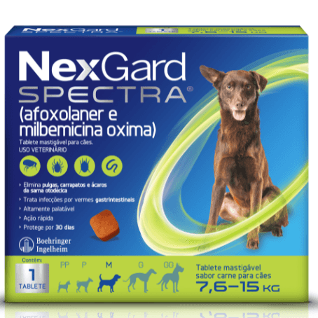 NexGard Spectra Antipulgas e Carrapatos e Vermífugo para Cães de 7,6 a 15kg 1 tablete - NEXGARD SPECTRA® possui cinco faixas de peso, sendo seguro para todas as raças de cães. Se o peso do seu cão for superior a 60 kg, complemente a dosagem com um tablete adicional equivalente ao peso em falta. Mata, trata e controla pulgas e carrapatos, além de ser indicado para o tratamento de infecções por vermes nematódeos gastrintestinais adultos, como ascarídeos (Toxocara canis), ancilostomatídeos (Ancylostoma sp.) e tricurídeos (Trichuris vulpis). Também é indicado para o tratamento e prevenção de infestações por pulgas, carrapatos e sarna otodécica (sarna de ouvido) em cães adultos e filhotes a partir de 8 semanas de idade e peso corporal mínimo de 2,0 kg.