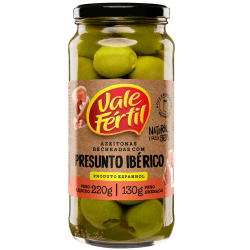 Azeitona Verde Recheada Especial Presunto Ibérico Vidro 130g - Vale Fértil - Azeitona verde em conserva, descaroçada e recheada com presunto ibérico mecanicamente.