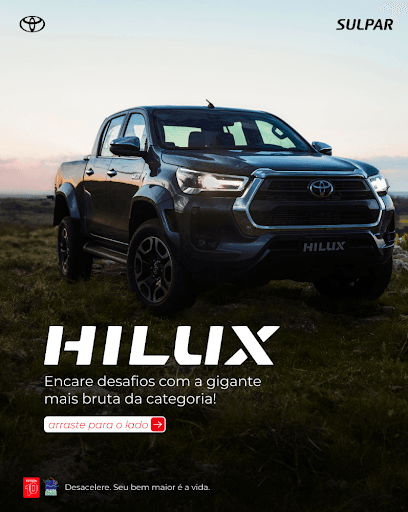 Toyota Hilux - Para quem entende de força e resistência, a escolha é clara: Toyota Hilux. Com um motor 2.8 turbodiesel, robustez reconhecida, baixo custo de manutenção e alto valor de revenda, ela é a parceira ideal para o trabalho pesado e o agronegócio. Além da força, a Hilux entrega desempenho, economia, tecnologia embarcada e o conforto que você exige, com a qualidade e a confiança que só a Toyota Sulpar oferece. Agende um test-drive e comprove por que a Hilux é a líder absoluta da categoria.