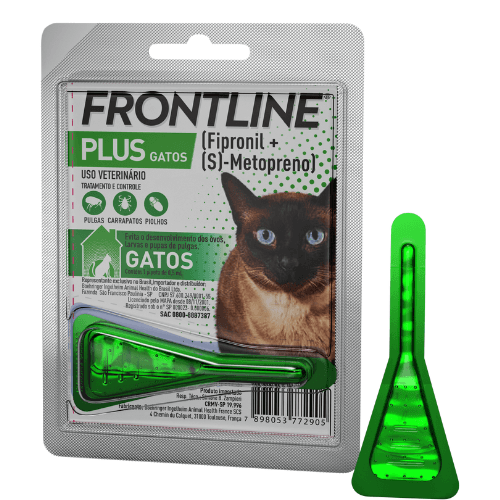 Antipulgas e Carrapatos Frontline Plus para Gatos - FRONTLINE® PLUS GATOS mata rapidamente pulgas, carrapatos e piolhos. Impede que os ovos de pulgas que caem do seu gato eclodam em sua casa, evitando o desenvolvimento de ovos e larvas provenientes de pulgas adultas adquiridas durante o período de ação do produto. Oferece proteção por 30 dias e pode ser aplicado a partir das 8 semanas de idade, inclusive em gatas gestantes ou em lactação.