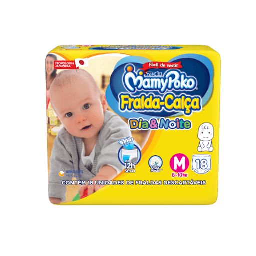 MamyPoko Fralda-Calça Dia&Noite M18 - A MamyPoko Fralda-Calça™ Dia&Noite veste fácil. Absorve até 4 copos de líquido e tem proteção que evita vazamento e mantendo o seu bebê protegido por até 12 horas. *Pode variar de acordo com os hábitos e características do bebê.