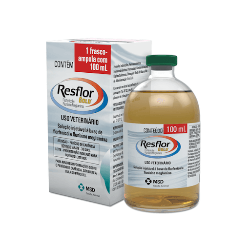 Resflor Gold 100 Ml - Solução injetável à base de florfenicol e flunixino meglumina. RESFLOR® GOLD é indicado para o tratamento da Doença Respiratória Bovina (BRD) associada com Mannheimia haemolytica, Pasteurella multocida e Histophilus somni e controle da pirexia associada à doença respiratória em bovinos de corte e vacas leiteiras cujo leite não seja destinado ao consumo humano.