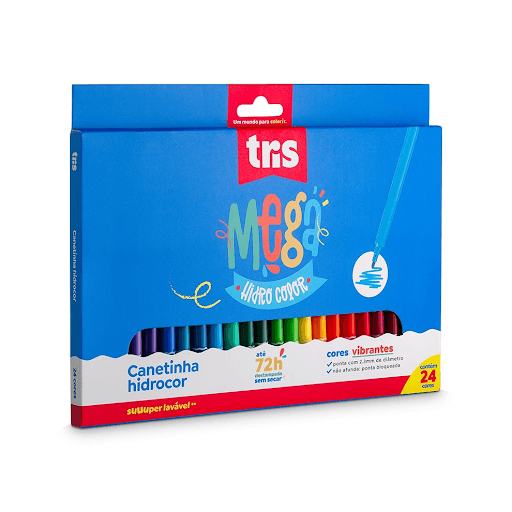 Hidrocor Ponta Fina Mega Hidro Color - 24 Cores - Tris - Cores ultra intensas! Fica até 72h destampada sem secar; possui ponta bloqueada e tinta super lavável. 24 cores! - Resinas termoplásticas, feltro, tinta à base de água, corantes e umectantes.