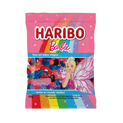 Bala de Gelatina Barbie Fantasy 80g - Haribo - Vai ser impossível resistir a esse mix! Formatos exclusivos Barbie™ com sabores de frutas vermelhas: melancia, amora, framboesa e uva.