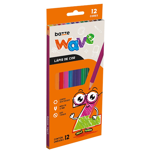 Lápis De Cor Wave - 12 cores - Bazze - Lápis de Cor WAVE é de resina não tóxica, 12 cores intensas e com mina resistente de 2,7mm! Certificado pelo INMETRO.