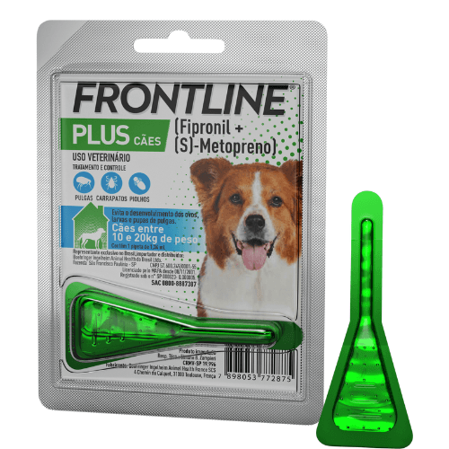 Antipulgas e Carrapatos Frontline Plus para Cães de 10 a 20kg - FRONTLINE® PLUS CÃES mata rapidamente pulgas, carrapatos e piolhos. Impede que os ovos de pulgas que caem do seu cão eclodam em sua casa, evitando o desenvolvimento de ovos e larvas provenientes de pulgas adultas adquiridas durante o período de ação do produto. Oferece proteção por 30 dias e pode ser aplicado a partir das 8 semanas de idade, inclusive em cadelas gestantes ou em lactação.