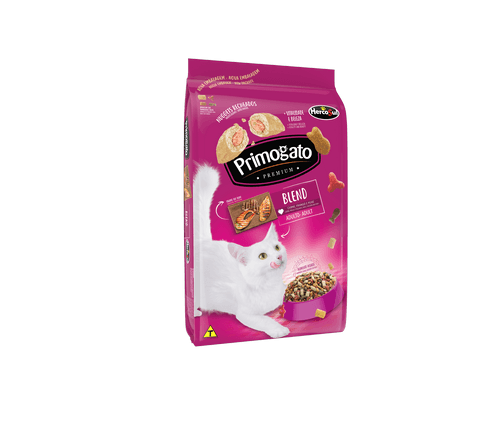 Primogato Blend - Adultos - Carne, Frango e Peixe - 20Kg - Primogato oferece alimentos assados, com partículas delicadas e crocantes que promovem benefícios para a saúde dos pets.