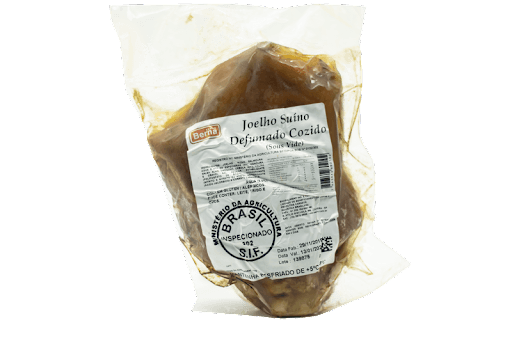 Joelho Suíno Traseiro - Defumado e Cozido no Sous-Vide | ± 1,3kg - Joelho Suíno, Salmoura e temperos (sal, alho, cebola, cravo). Cozido Sous-vide e defumado.