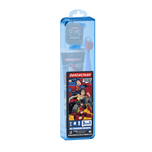 Kit Premium Infantil Liga Da Justiça - Dentalclean - Com um lindo estojo para viagem, leve toda linha dos Heróis da Liga da Justiça para passear com os seus filhos. A linha contém um kit completo, com Escova, Gel e Fio Dental, que manterá seu filho longe das bactérias e das cáries.