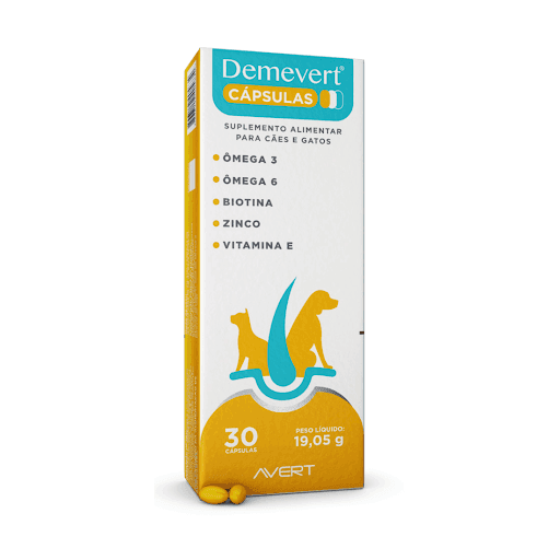 Demevert Cap x 30 - Avert - DEMEVERT® cápsulas é um suplemento alimentar composto por ácidos graxos essenciais (ômega 3 e ômega 6), biotina, zinco quelatado e vitamina E.