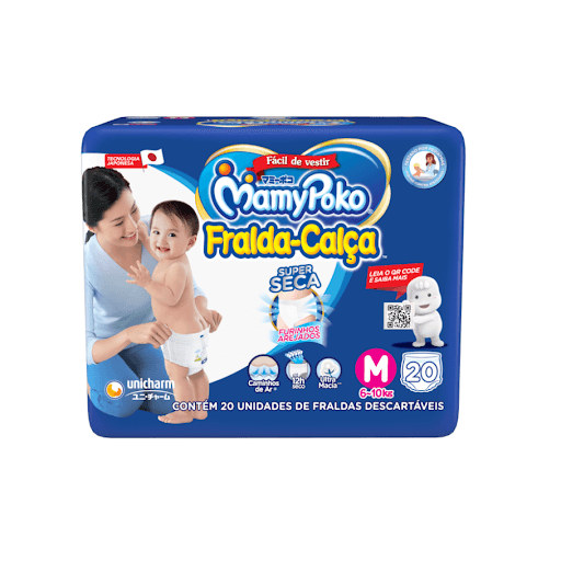 MamyPoko Fralda-Calça M20 - MamyPoko Fralda-Calça™ é fácil de vestir e ficou ainda mais respirável. Os exclusivos Furinhos Arejados na cintura* liberam a umidade para fora.  Além disso, tem Caminhos de Ar® que melhoram a circulação de ar dentro da fralda e absorve até 5 copos de líquido, mantendo o seu bebê sempre sequinho e confortável  por até 12 horas**.  *Quantidade e localização dos Furinhos Arejados reduzida nos tamanhos RN e P.** Pode variar de acordo com os hábitos e características do bebê.