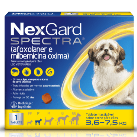 NexGard Spectra Antipulgas e Carrapatos e Vermífugo para Cães de 3,6 a 7,5kg 1 tablete - NEXGARD SPECTRA® possui cinco faixas de peso, sendo seguro para todas as raças de cães. Se o peso do seu cão for superior a 60 kg, complemente a dosagem com um tablete adicional equivalente ao peso em falta. Mata, trata e controla pulgas e carrapatos, além de ser indicado para o tratamento de infecções por vermes nematódeos gastrintestinais adultos, como ascarídeos (Toxocara canis), ancilostomatídeos (Ancylostoma sp.) e tricurídeos (Trichuris vulpis). Também é indicado para o tratamento e prevenção de infestações por pulgas, carrapatos e sarna otodécica (sarna de ouvido) em cães adultos e filhotes a partir de 8 semanas de idade e peso corporal mínimo de 2,0 kg.