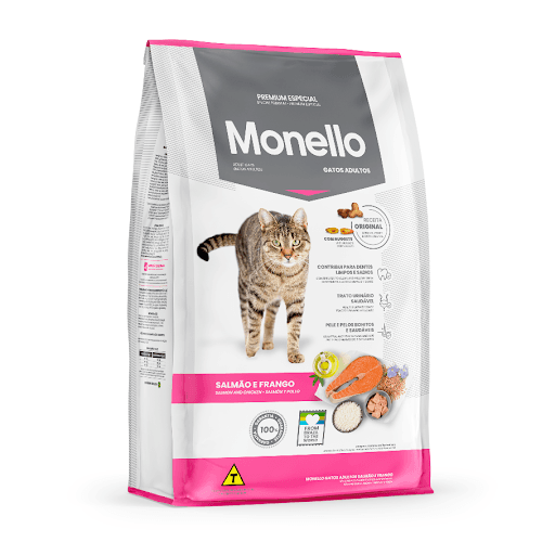 Monello Premium Especial Gatos Adultos Salmão & Frango - A nova Monello Gatos Adultos Salmão e Frango foi pensada para agradar o paladar exigente dos felinos e fornecer os nutrientes necessários para uma vida mais ativa e saudável. A fórmula conta com a adição de ingredientes de qualidade superior, como a farinha e o óleo de salmão, que auxiliam na manutenção do sistema cognitivo, aumentando o bem-estar no dia a dia.  A fórmula conta com a presença de hexametafosfato de sódio, que atua na limpeza dos dentes, evitando a formação de tártaro e o consequente mau hálito. O alimento também atua na prevenção de doenças do sistema urinário, infelizmente comuns nos felinos. A saúde e a beleza da pele e dos pelos também está associada ao óleo de salmão, um benefício presente na formulação da Monello Gatos Adultos. Os nuggets recheados são responsáveis por tornar as refeições mais saborosas e agradáveis.