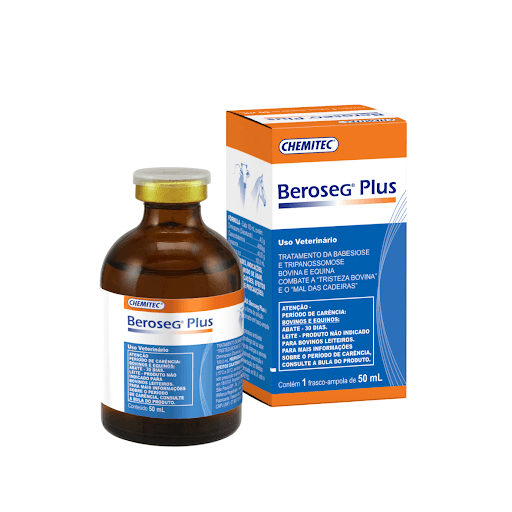 Beroseg Plus 50 ml Sol Injetável - Tratamento de babesiose, tripanossomose de bovinos, equinos e combate "tristeza de bovinos" "mal de cadeiras". Além do diminazeno, o Beroseg Plus conta com a vitamina B12 que ajuda a combater a anemia.