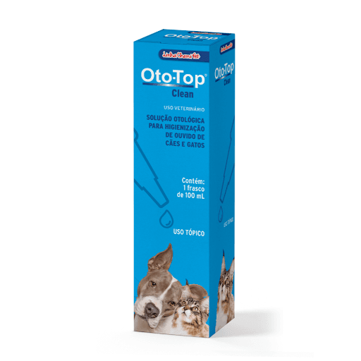 Oto Top Clean 100 ml - Solução indicada para a higienização rotineira do pavilhão auricular e condutivo de cães e gatos. Produto à base de emoliente e queratolítico que age na remoção do excesso de cerúmen e oleosidade que se acumulam no ouvido externo, reduzindo odores desagradáveis.