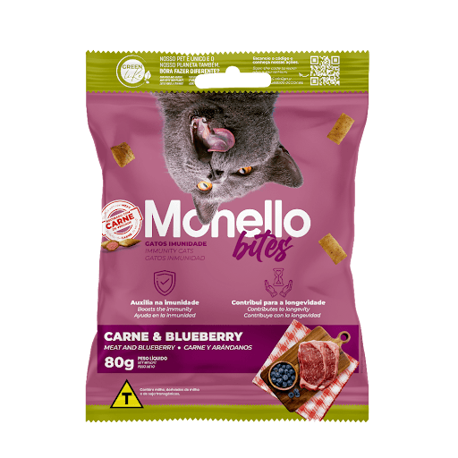Monello Bites Gatos Imunidade - Descubra o Monello Bites, o snack perfeito para oferecer ao seu gato uma experiência única e irresistível! Criado com ingredientes de alta qualidade, esse petisco combina sabor e crocância em cada mordida. Elaborado com proteínas, frutas e legumes, Monello Bites garante uma alimentação saudável, balanceada e rica em vitaminas e nutrientes essenciais para a saúde felina. E o melhor: cada unidade possui apenas 2 calorias, permitindo que você mimar seu gatinho com tranquilidade, sem prejudicar sua saúde. Proporcione momentos de prazer e bem-estar ao seu pet, com o compromisso de sempre manter sua qualidade de vida em primeiro lugar!