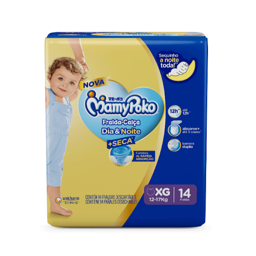 MamyPoko Fralda-Calça Dia&Noite XG14 - A MamyPoko Fralda-Calça™ Dia&Noite veste fácil. Absorve até 4 copos de líquido e tem proteção que evita vazamento e mantendo o seu bebê protegido por até 12 horas. *Pode variar de acordo com os hábitos e características do bebê.