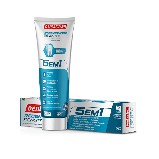 Gel Dental Regenerador Sensitive 5 em 1 90g - Dentalclean - O gel dental Regenerador + Sensitive 5 em 1 da Dentalclean é o único no mercado com a tecnologia REFIX, e sua fórmula exclusiva repõe os minerais do esmalte. Estes minerais se integram aos dentes e regeneram cáries em estágio inicial. Ele atua nos estágios iniciais e invisíveis da erosão. Cria uma camada protetora na região da terminação nervosa dos dentes, reduzindo os sintomas da sensibilidade. Mata até 99,9% dos germes e oferece até 13h de proteção.