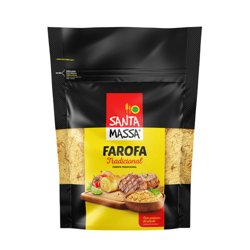Farofa Tradicional - 300g - A farofa Santa Massa é um produto irresistível, delicioso e com garantia de máxima de crocância, com um sabor artesanal feito com óleo de coco e pedaços de cebola.