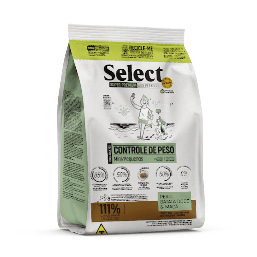 Select Raças Mini e Pequenas Controle De Peso 15Kg - Ingredientes selecionados fontes de proteínas, óleos, ingredientes funcionais, vitaminas e minerais, mín. 50% (farinha de vísceras de aves - mín. 23%, farinha de salmão - mín. 0,5%, farinha de carne e ossos de perus - mín. 0,5%, óleo de aves, óleo de salmão - mín. 0,5%, hidrolisado de fígado de aves, mistura de ovos desidratados, farelo de glúten de milho 60, farelo de soja, biomassa de microalgas Schizochytrium sp. - mín. 0,1%, L-carnitina, levedura de cervejaria inativada desidratada, blend de prebióticos - mín. 0,1% - composto de: parede celular de levedura, galactooligossacarídeos, frutooligossacarídeos e levedura seca de cana de açúcar, hexametafosfato de sódio, sulfato de condroitina, sulfato de glicosamina, extrato de Yucca, lisina, vitaminas A, D3, E, C, K3, B1, B2, B6, B12, pantotenato de cálcio, ácido fólico, ácido nicotínico, biotina, cloreto de colina, minerais cloreto de sódio, cloreto de potássio, sulfato de manganês, sulfato de zinco, glicinato de zinco, sulfato de ferro, sulfato de cobre, iodato de cálcio, selenito de sódio, selênio metionina). Frutas, vegetais, grãos e aditivos essenciais, mín. 50% (grão de milho, farelo de trigo, quirera de arroz, mix concentrado de frutas e vegetais desidratados - composto de: farinha de batata doce - mín. 0,35%, maçãs - mín. 0,03%, bananas, mirtilos (blueberries) - mín. 0,01%, cenouras - mín. 0,03% e farinha de ervilhas - mín. 0,05%, polpa desidratada de beterraba - mín.