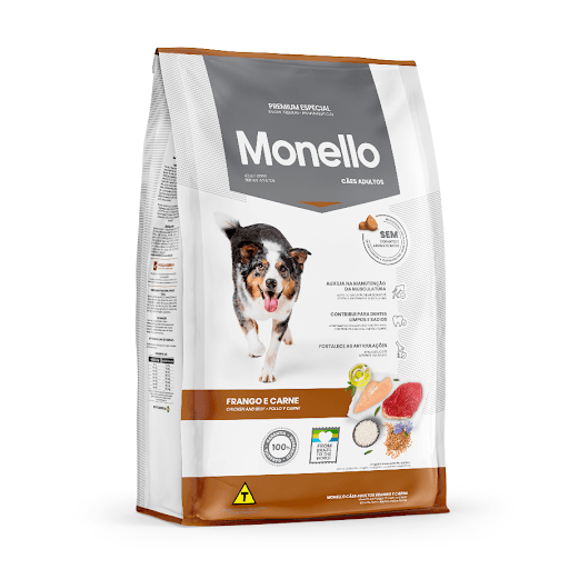 Monello Premium Especial Cães Adultos Frango & Carne - A Monello Cães Adultos Frango e Carne é um alimento formulado para fornecer os nutrientes necessários para o desenvolvimento sadio de cães adultos em diferentes fases da vida. Sem corantes e aromatizantes artificiais, o alimento é produzido com ingredientes de excelência e proteínas de alta digestibilidade, fornecendo assim mais energia e vitalidade aos pets. A adição de hexametafosfato de sódio cuida da saúde bucal, prevenindo o tártaro e problemas relacionados ao acúmulo de bactérias. A glicosamina e a condroitina incluídas na fórmula atuam no fortalecimento das articulações, enquanto o alto índice de proteína auxilia na manutenção da musculatura, levando maior bem-estar aos peludos. O Monello Cães Adultos ainda possui linhaça, ingrediente que age na saúde e beleza da pele e do pelo dos pets.