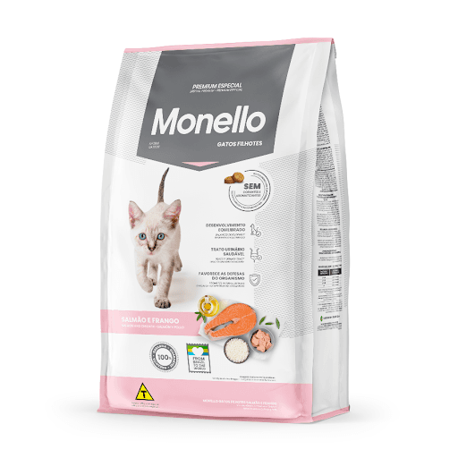 Monello Premium Especial Gatos Filhotes Salmão & Frango 10,1Kg - A nova Monello Gatos Filhotes Salmão e Frango é livre de corantes e aromatizantes artificiais. Conservando a sua receita original, ela ganha a adição de farinha e óleo de salmão, ingredientes nobres e de excelência que atuam nas defesas do organismo e proporcionam um desenvolvimento cognitivo saudável para os felinos. Além das proteínas de qualidade, a fórmula possui levedura de cerveja, e MOS - mananoligossacarídeos, prebiótico que atua na saúde intestinal ao garantir a máxima absorção dos nutrientes, gerando um excelente aproveitamento do produto e auxiliando na higiene dos ambientes internos, uma vez que reduz o volume e o odor das fezes. A receita contém adição de taurina, um aminoácido essencial que atua diretamente na saúde da visão e do coração dos gatos, garantindo o crescimento livre de doenças causadas pela falta da substância.
