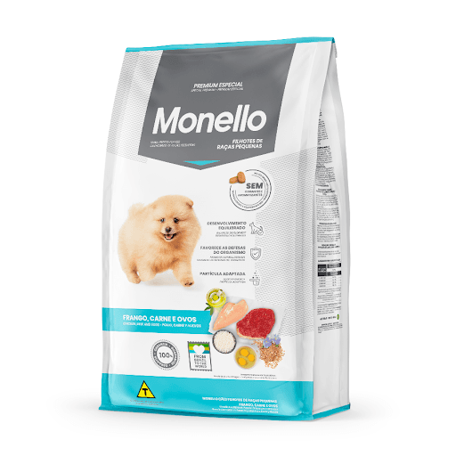 Monello Premium Especial Cães Filhotes Raças Pequenas Carne & Ovo 10,1Kg - A Monello Cães Filhotes Raças Pequenas Frango, Carne e Ovos é um produto completamente novo na linha de alimentos. Com partícula adaptada, ele proporciona fácil mastigação e uma refeição mais saborosa. A adição do óleo de salmão auxilia no amadurecimento cognitivo, necessário para um crescimento saudável. A fórmula ainda conta com a presença de ovos em pó. O alimento que é considerado a fonte mais rica em proteína existente atua na manutenção da musculatura e no desenvolvimento equilibrado dos filhotes, dando todo o suporte necessário para a fase inicial da vida dos peludinhos. A adição de MOS - mananoligossacarídeos age na melhor absorção e aproveitamento dos nutrientes contidos no alimento. Além disso, a Monello Filhotes Raças Pequenas proporciona um ambiente mais higiênico ao inserir extrato de Yucca schidigera na formulação, uma vez que ele contribui para a diminuição do volume e do odor das fezes.