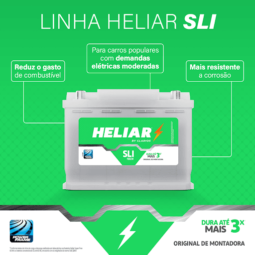 A linha de baterias Heliar com tecnologia convencional indicada para veículos com demanda elétrica de moderada a alta, incluindo carros populares, sedans, hatchs, picapes, station wagons e SUV.

• Até 24 meses de garantia.
• Equipada com tecnologia exclusiva Power Frame®.
• Dura até 3x mais que outras marcas do mercado.
