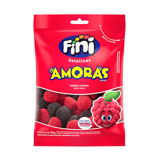 Amoras Fini 90g - Um dos clássicos da Fini, nossas Amoras são docinhas, saborosas e crocantes. Perfeitas para comer direto do pé, ou pacote! Sabor e formato de amora, nas cores vermelha e preta.