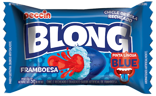 Blong Blue 200G - Chicle recheado e drageado sabor de framboesa pinta lingua de azul