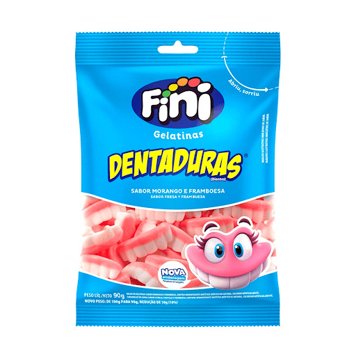Dentaduras Fini 90g - O clássico dos clássicos! Dentaduras Fini é amor incondicional. Não tem o que dizer, só sentir. No formato de dentadura e sabor de morango e framboesa, nas cores rosa e branca.