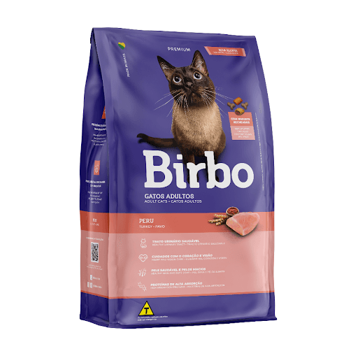 Birbo Premium Gatos Peru - Birbo Gatos Peru, especialmente desenvolvido para agradar o paladar exigente dos felinos em uma alimentação completa e balanceada, com ingredientes selecionados, enriquecida com vitaminas e minerais em níveis adequados aos gatos adultos. Birbo Gatos Peru é elaborado com proteína de peru, além de conter nuggets recheados em sua composição, proporcionando uma refeição saborosa aos gatos. É formulado com ômegas 3 e 6, taurina, aminoácido essencial à dieta dos gatos que auxilia na prevenção de problemas visuais e cardíacos, e extrato de Yucca schidigera, que atua a nível intestinal, auxiliando na redução do odor das fezes.