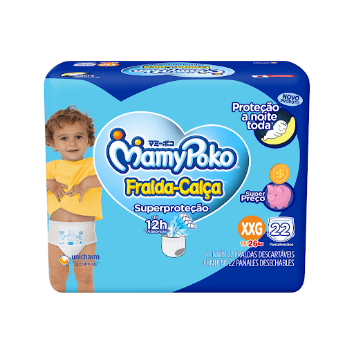 MamyPoko Fralda-Calça Superproteção XXG22 - A MamyPoko Fralda-Calça Superproteção é uma fralda tipo calça com um super preço^ que protege o seu bebê a noite toda*. Pois contém até 12h de absorção* e barreiras duplas que evita vazamento lateral. 
^Comparada ao valor do pacote MamyPoko Fralda-Calça Dia&Noite. * Pode variar de acordo com os hábitos e características do bebê.