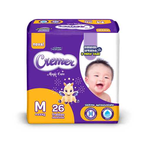 Fralda Cremer Jumbo M 26 Unidades - Cremer Infantil - A Nova Cremer além de encantadora possui fornece proteção contra vazamento e pele seca por até 12 horas, noite e dia.