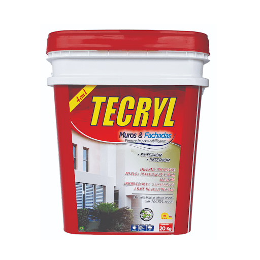 TECRYL MUROS E FACHADAS 20KG BRANCO - É uma pintura protetora de superfícies verticais, externas e internas à base de resina de poliuretano alifática-acrílica com características química e polimÉrica de alta performance e durabilidade que desenvolve quatro funções em um só produto: SELADOR para reboco curado, IMPERMEABILIZANTE, REFLETOR DE CALOR na cor branco neve e acabamento de TINTA.