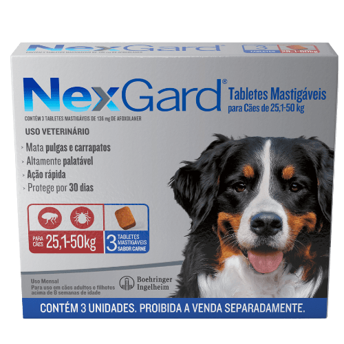NexGard Antipulgas e Carrapatos para Cachorros de 25,1 a 50kg 3 tabletes - NexGard® é um tablete mastigável altamente palatável que seu cão vai adorar. Com um rápido início de ação, ele atinge 100% de eficácia contra pulgas em apenas 8 horas, matando-as antes que coloquem ovos.