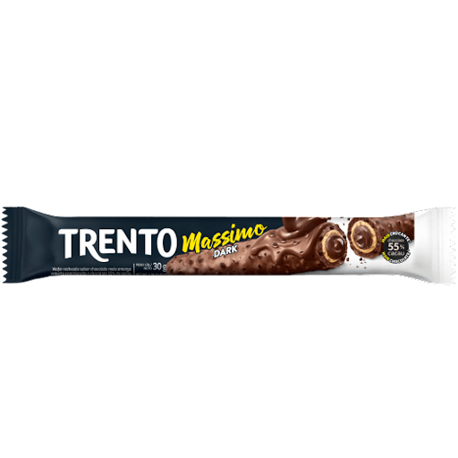 Trento Massimo Dark 30G - Wafer recheado sabor chocolate meio amargo coberto com cookies e chocolate 55% de cacau.